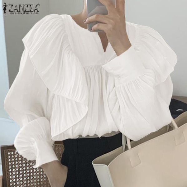 

women's blouses & shirts solid long sleeve tunic 2022 autumn spliced o neck blusa party elegant casual blouse plus size womens fashio, White