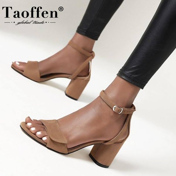 

taoffen summer woman shoes square heel sandals thick high lady buckle cover heels flock solid color size 34-43, Black