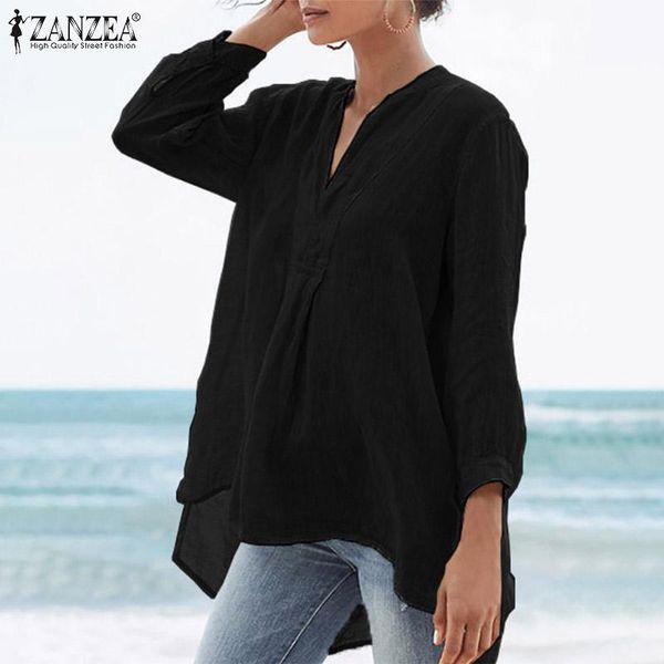

women's blouses & shirts women office work cotton shirt casual long sleeve v neck blouse vintage irregular hem chemise autumn femme b, White