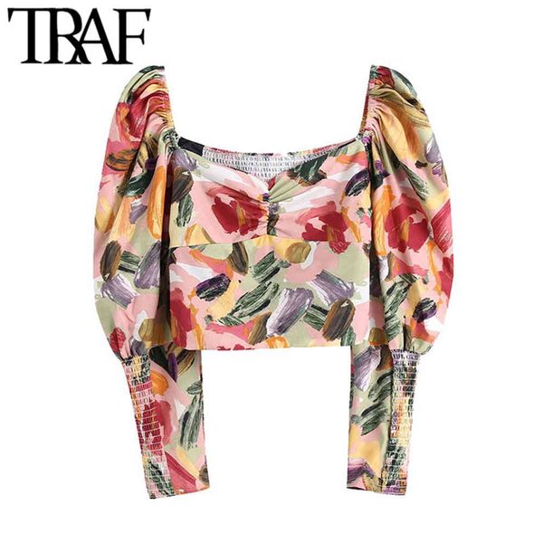 

traf women fashion graffiti print cropped blouses vintage long sleeve back elastic female shirts blusas chic 210415, White