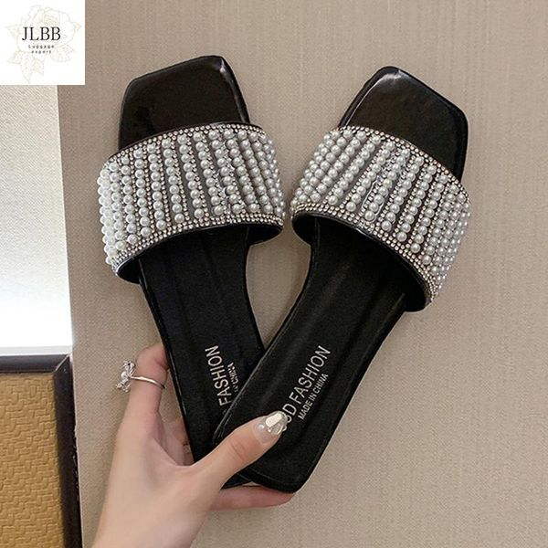 

women slippers summer rhinestone white flat shoes elegant pearl external wear 2021 sandy beach sandals, Black