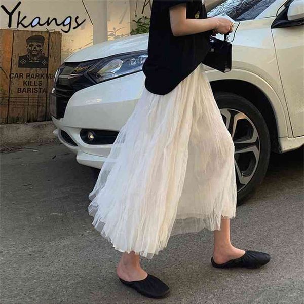 

vintage tulle long pleated skirt harajuku elastic high waist maxi skirts women korean summer white black boho streetwear 210421