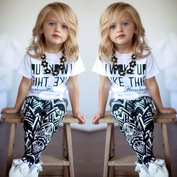 

2pcs infant toddler kids girls i woke up like this white casual t shirt pants outfits set 2 9y