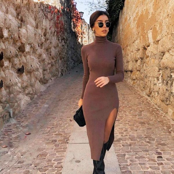 

women dress knit sweater long sleeves high neck elastic midi fashion chic lady warm woman dresses, Black;gray