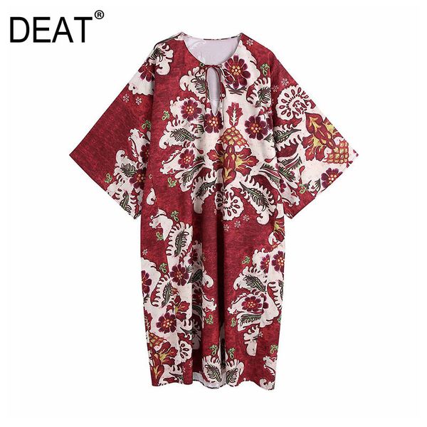 

[deat] summer new fashion tide round neck high waist knee-length drawstring printing short sleeve loose dress women 13q025 210430, Black;gray