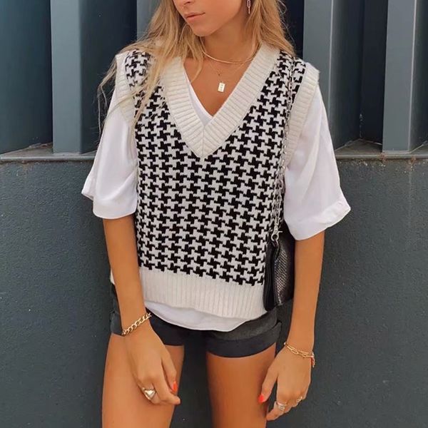 

vintage women houndstooth knitted sleeveless sweater fashion ladies autumn v neck vest female casual 210515, Black;white