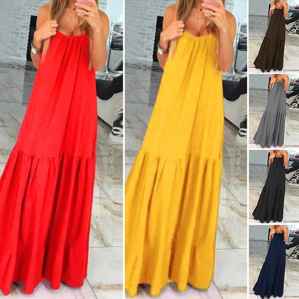 

2021vonda bohemian dress 2021 summer sundress women sleeveless spaghetti strap ruffle swings long dress holiday vestido plus size, Black;gray