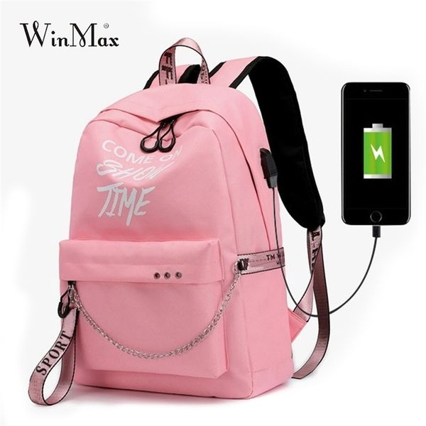 

winmax luminous usb charge women backpack fashion letters print school bag teenager girls ribbons mochila sac a dos 211215