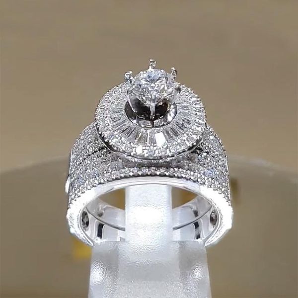 

luxury silver plated cz stone ring two layer micro paved rhinestone rings for women wedding party fashion jewelry gift g5c345 cluster, Golden;silver