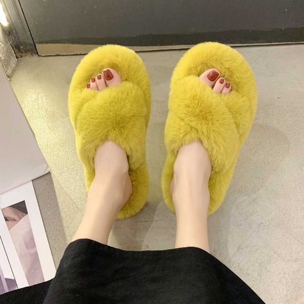 

women's winter fur home slippers cross belt warm plush shoes open toe furry slippers indoor 2021 slippers women y0902, Black