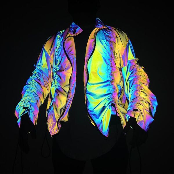 

women's jackets nightclub hip-hop luminous hooded coat men and women streetwear loose cross-border washable reflective jacket, Black;brown