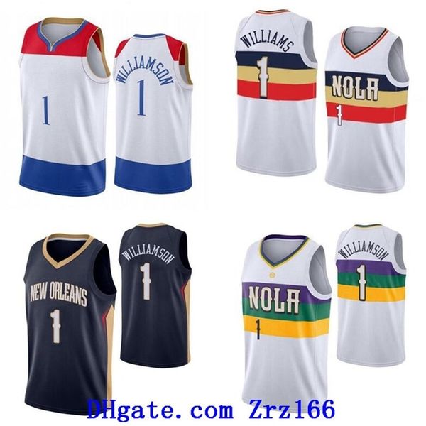 

09men basketball new city orleans team 1 zion williams white blue red 2020-21 city sleeveless jersey and shorts, Black