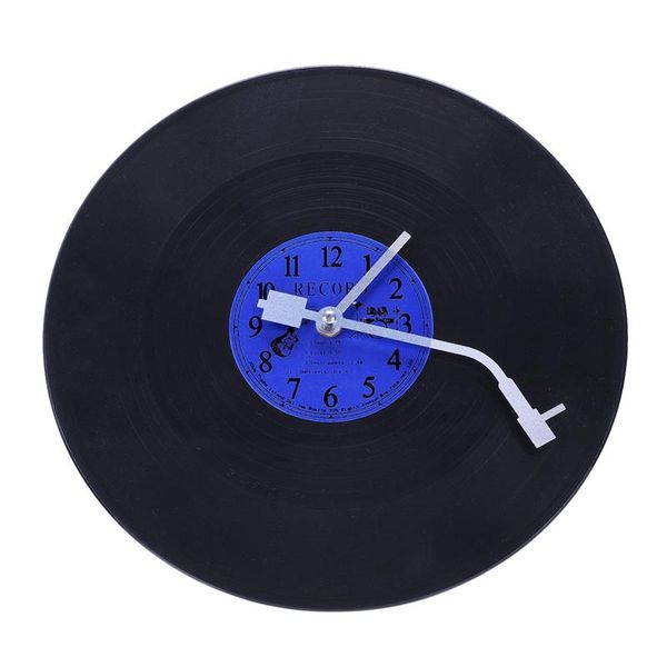

quartz round retro wall clock art design kitchen living room home decoration record blue + black plastic clocks