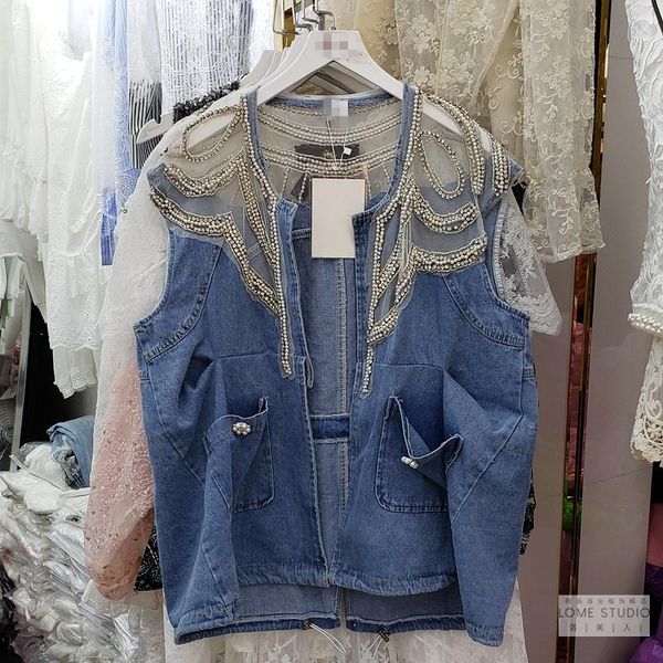 

women's vests denim vest women 2021 summer fashion heavy industry beaded mesh yarn stitching foreign, Black;white