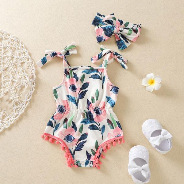 

rompers floral print bodysuits sets infant baby girls ruffle bodysuit sling romper+headband kids romper dziewczyna dziecko body, Blue