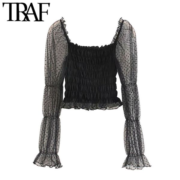 

traf women fashion smocked elastic ruffled cropped blouses vintage see through long sleeve female shirts chic 210415, White