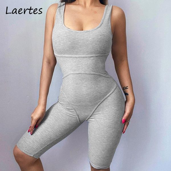 

women's tracksuits laertes romber women autumn sleeveless gray color playsuit casual ribbed knitting jumpsuit fitness one-piece elegant