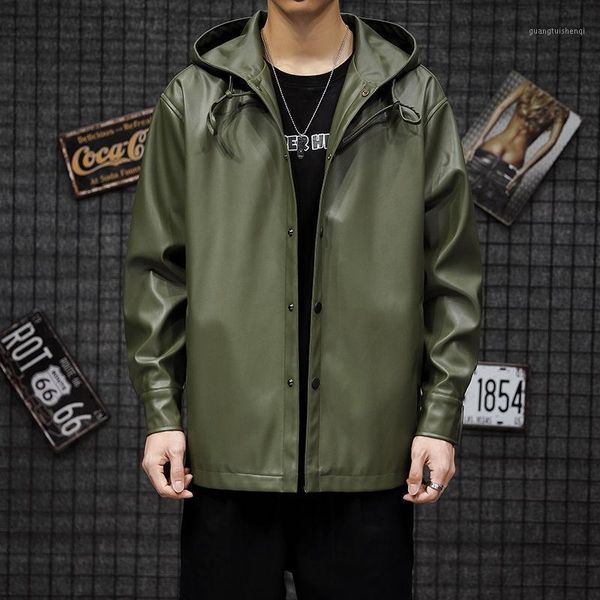 

leather jacket men's mid-length hooded single breasted simplicity wild wind-proof motorcycle jackets casual clothing autumn fur & faux, Black