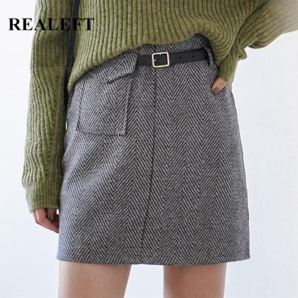 

skirts realeft autumn winter women's vintage plaid woolen mini a-line pocket skater skirt female with belt 2021, Black