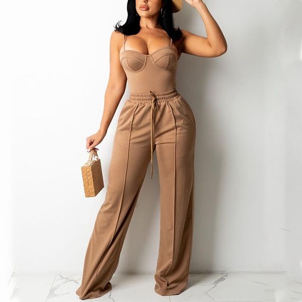 

women's two piece pants stylish lady elegant 2 set women back zipper cami and drawstring wide leg pant 2021 autumn office outfits, White