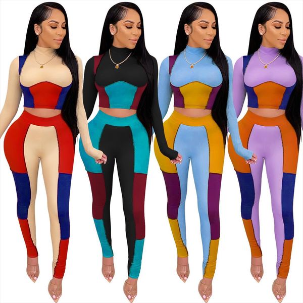 

spring long sleeve set women tracksuits patchwork two piece sets crop slim sweatpants party club tracksuit outfits, Gray