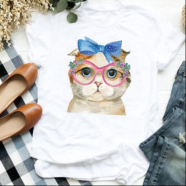 

cat animal floral cute women fashion casual 90s print tee clothes graphic, White