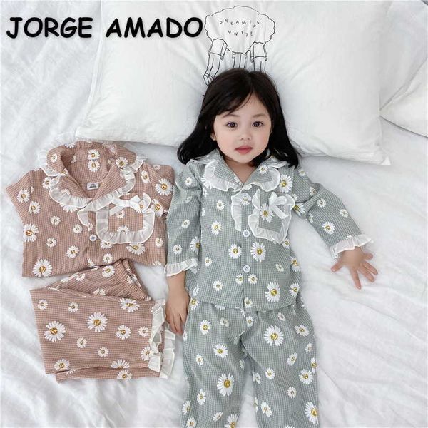 Frühling Baby Pyjamas Sets Rosa Blau Daisy Spitze Kragen Hause Anzüge Schlaf Schwören Kinder Kleidung E5032 210610