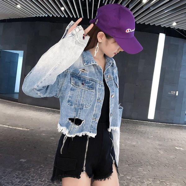 

women's jackets harajuku hole ripped tassel denim short coats women boyfriend loose long sleeve bomber jeans hip hop jacket s-xl, Black;brown
