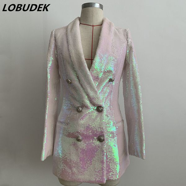 Bar Stage Blazer casual lucidi Donna Collo a scialle doppio petto Paillettes glitterato Abito lungo bianco lungo rosa Cantante Abiti da esibizione per ospiti Autunno Inverno