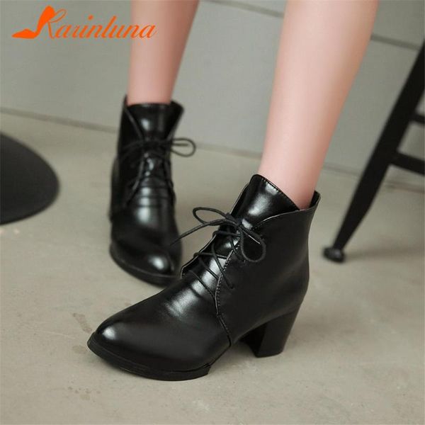 

boots karin fashion high qaulity shoes woman ladies round toe lace-up thick heels leisure solid ankle female, Black