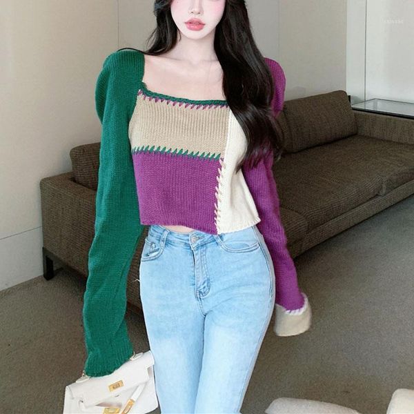 

women's sweaters 2021 korean version ins sense of design hit the color stitching square neck short section sweater women, White;black