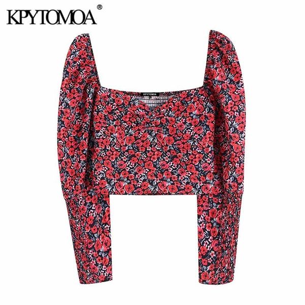 

kpytomoa women fashion floral print cropped blouses vintage v neck long sleeve back elastic female shirts chic 220315, White