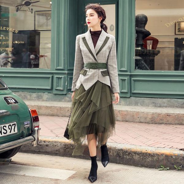 

two piece dress fashion vintage women ol temperament casual streetwear plaid notched neck long sleeve coat suit mesh skirt female 2 pieces s, White