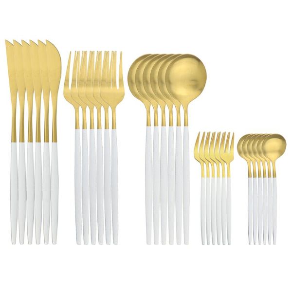 

flatware sets 6people stainless steel knife fruit cake fork tea spoon dinnerware white gold cutlery set kitchen silverware tableware