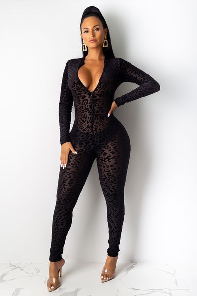 Animal Instinto Jumpsuit Mulheres Bodystocking Leopard Ver através de Velor Manga Longa Macacões Mulheres Sexy Midnight Clubwear 011912 2 pcs