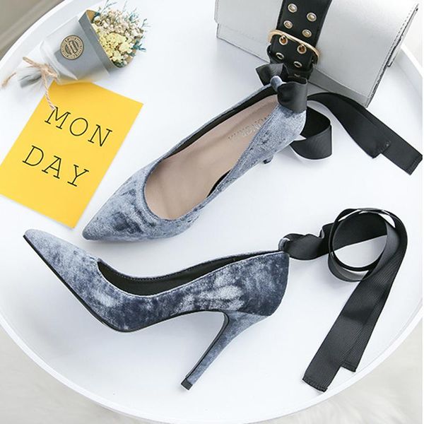 

dress shoes brand velvet pumps women stiletto chaussure silk riband bowtie wedges thin heel ladies bowknot big size, Black