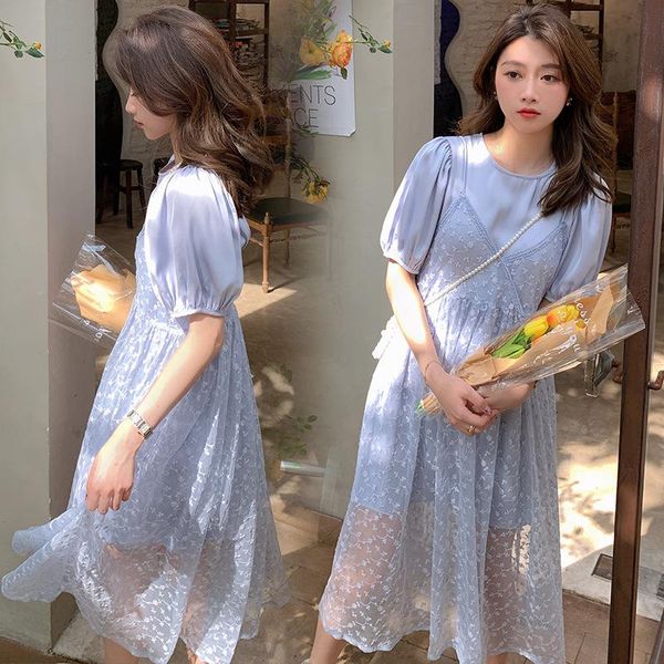 

maternity dresses summer fresh fashion lace two-piece pregnant women dress suits short sleeve tees+strap clothes set twinset, White