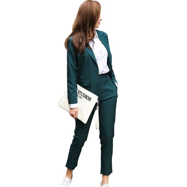 

business women pencil pant suits 2 piece set solid blazer & pants office lady notched jacket female suit 210421, White;black