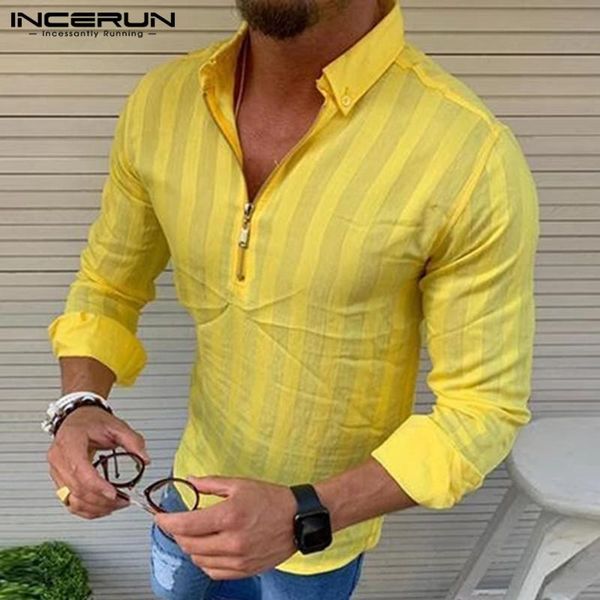 

men's casual shirts incerun 2021 stylish men striped shirt zipper lapel streetwear blouse slim long sleeve leisure brand mens s-5xl, White;black