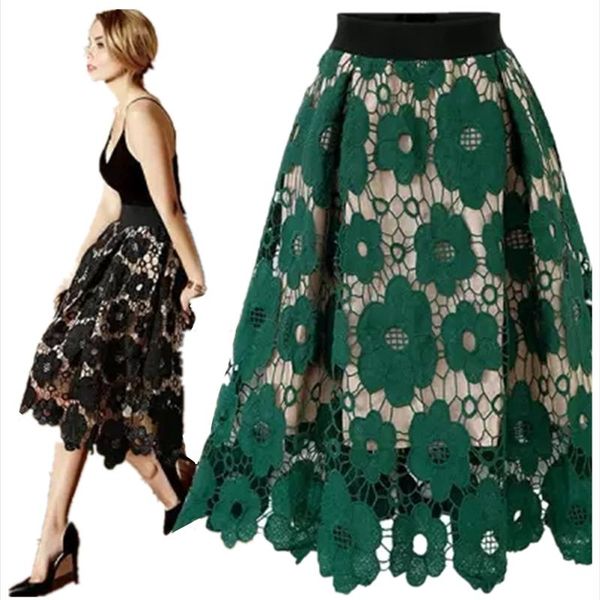 

skirts spring women mesh fashion flowers embroidery midi skirt ladies summer casual mid-calf swing green, Black