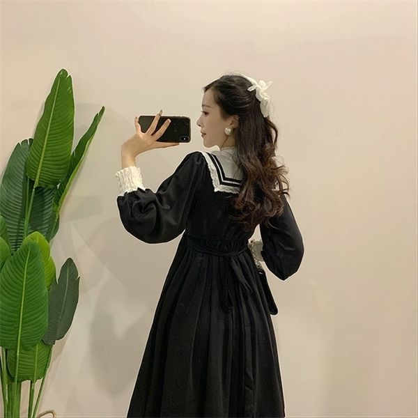 

black vintage dress women french elegant gothic lolita dress female lace long sleeve stand evening party dress korea autumn, Black;gray