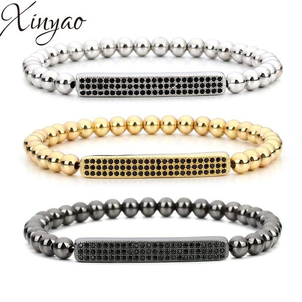 

charm bracelets xinyao 1pc/lot 5mm round copper beads & natural hematite stone micro pave black cz for mens bangles f5098, Golden;silver