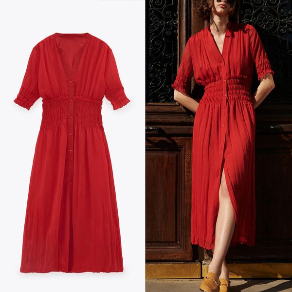 

Za 2021 Red Chiffon Summer Dress Women Short Puff Sleeve Elastic Waist Vintage Midi Dresses Woman Button Up Lining Party Dress