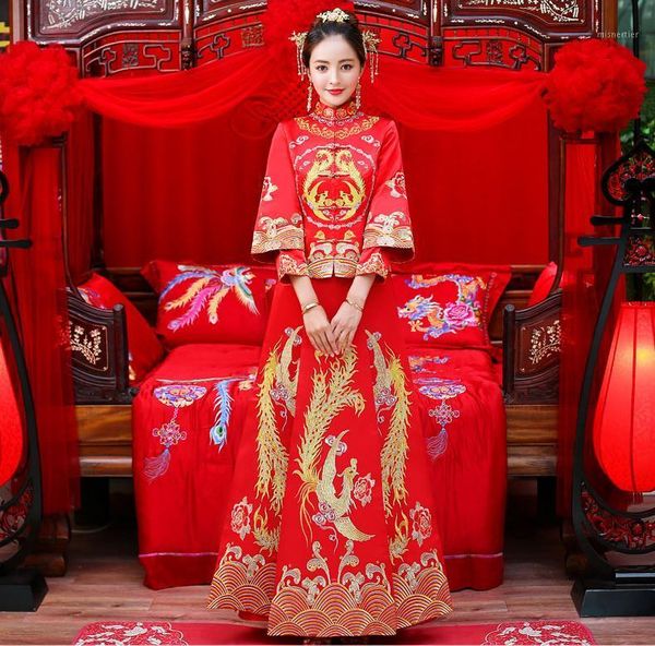 

bride fall clothes vintage chinese style wedding dress retro toast clothing embroidery phoenix gown marriage cheongsam qipao ethnic, Red