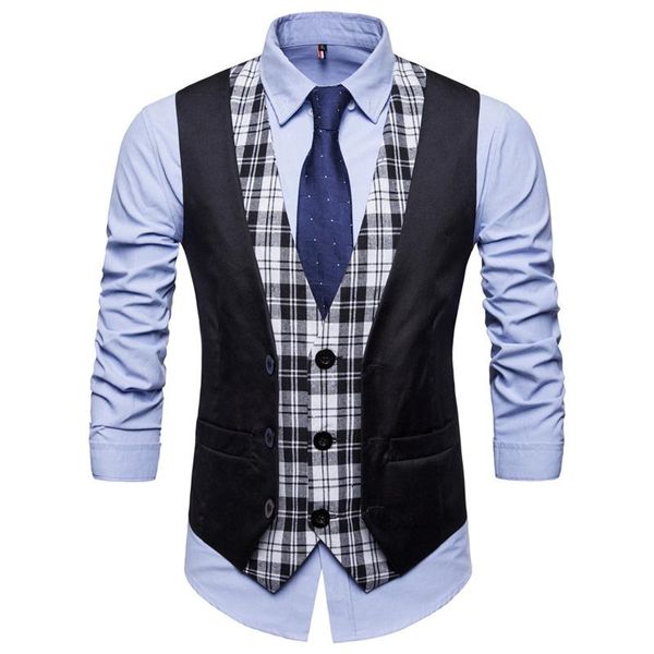 

mens plaid patchwork blazer vests single breasted v-neck fashion male england casual style men suit waistcoat men's, Black;white