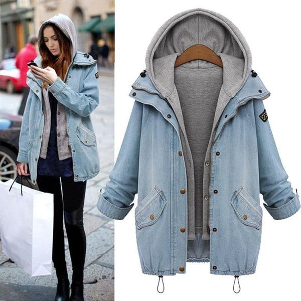 

women coat winter hooded jacket oversized casual detachable hoodies denim cardigan clothing 2 pieces set women's jackets, Black;brown