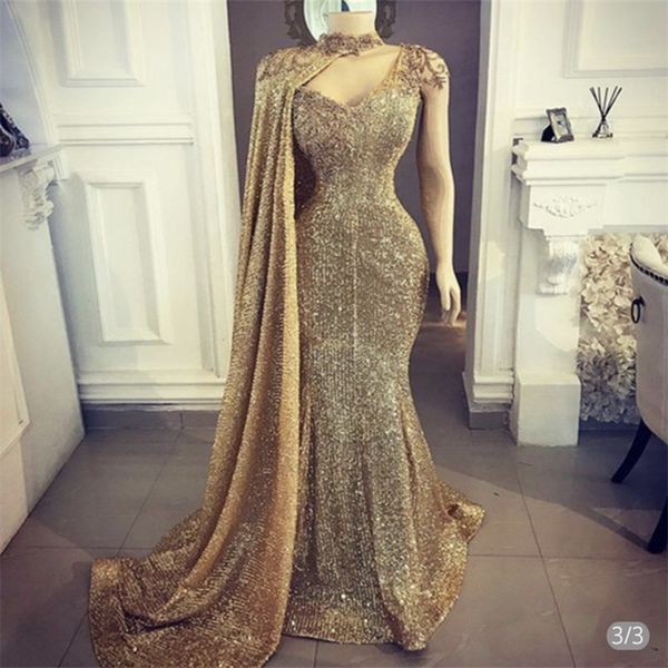 Altın Parti Elbise Ayrılabilir Wrap 2021 Glitter Tasarım Gelinlik Modelleri Arapça Akşam elbise Sequins Aplike Robe de Soirée Mariage Custom Made