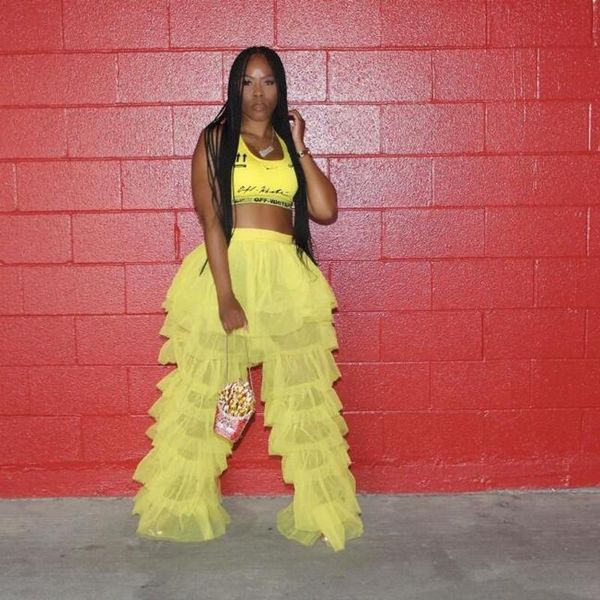 

skirts street fashion yellow woman pants femme pantalon tulle elastic band long women spodnie damskie, Black