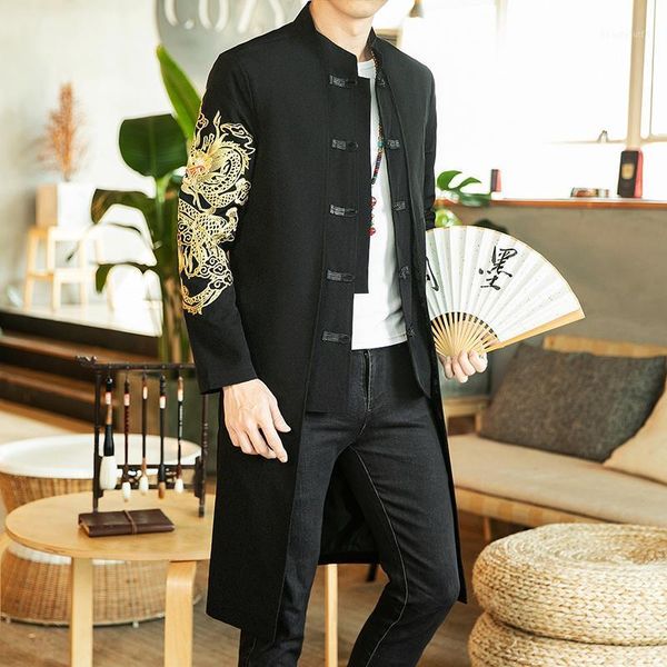 

spring long coat men's hooded cotton jacket dragon embroidery brand clothing trench coats, Tan;black