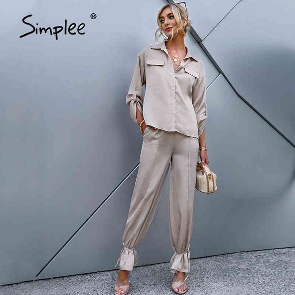 

long sleeves lace up overall suits causal ankle banded pants suit woman pure color streetwear spring summer sets 210414, White
